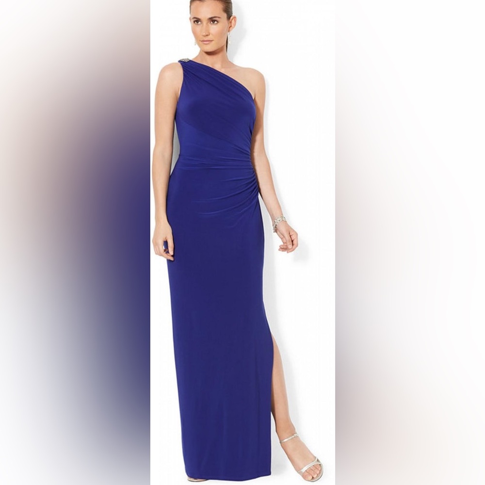 Lauren by Ralph Lauren blue one shoulder floor length gown size 14